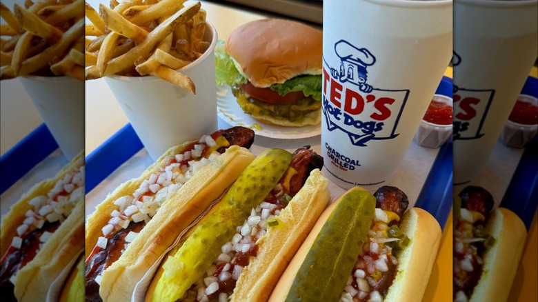 Tray at Ted's Hot Dogs with hot dogs, drink, fries, and a burger