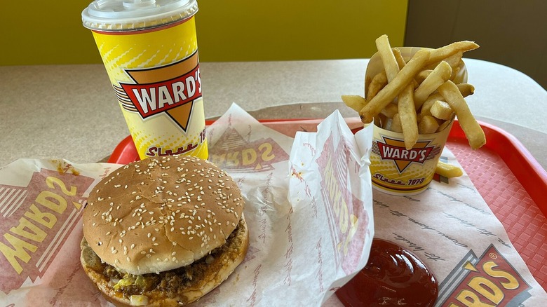 Ward's Big One meal on tray with fries, drink, and ketchup