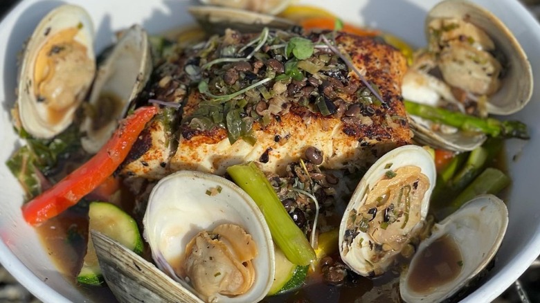 Atlantic halibut and little neck clams