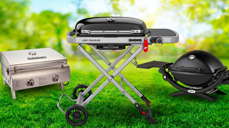 Composite image with three small gas grills outside in the grass