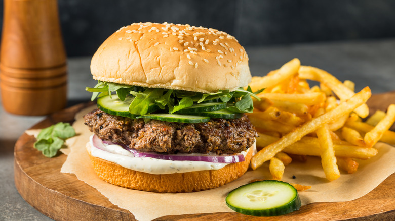 Lamb burger with french fries