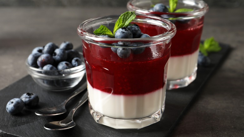 Panna Cotta with raspberry coulis and blueberries