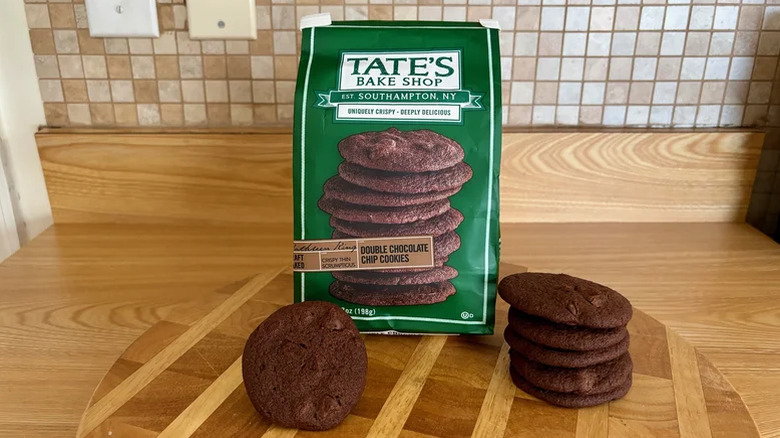 Tate's Bake Shop double chocolate chip cookies on a table