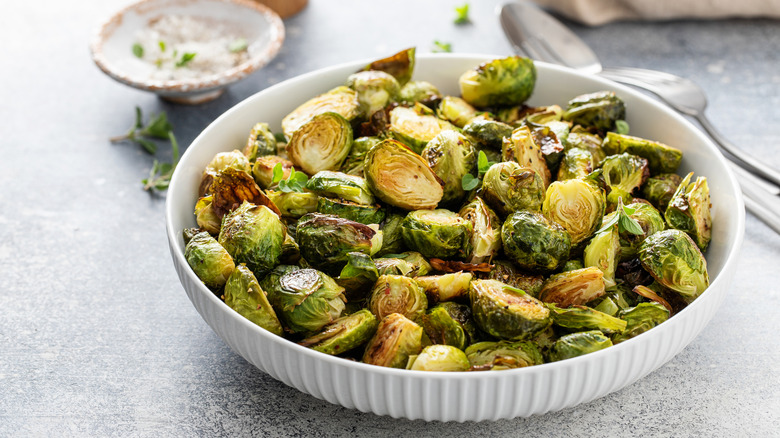 roasted Brussels sprouts piled up in a bowl