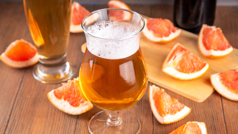 A sour beer in a tulip glass surrounded by slices of grapefruit