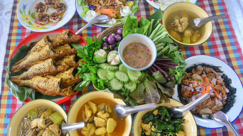 A table full of classic Southern Thai dishes