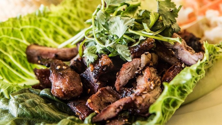Barbecue pork in lettuce leaf