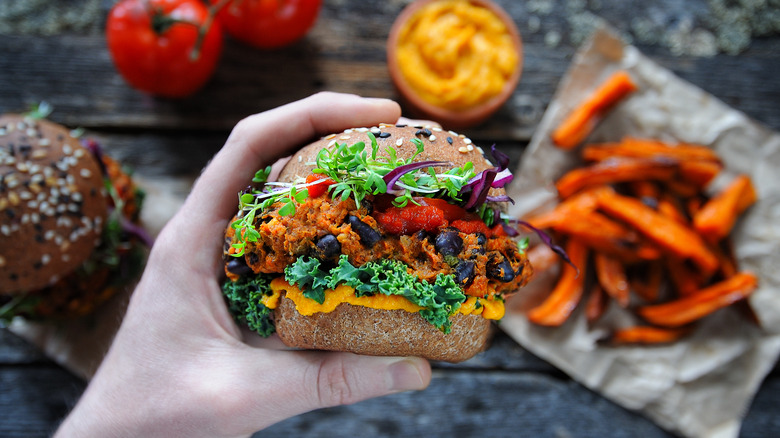 black bean burger with sweet potato fries