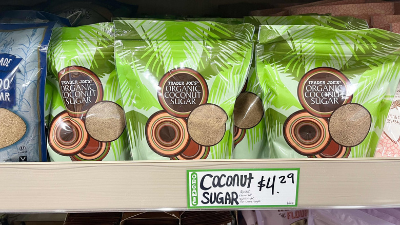 Trader Joe's coconut sugar packages on store shelf