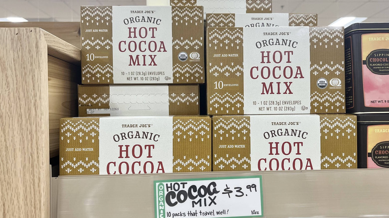 Trader Joe's hot cocoa mix boxes on store shelf