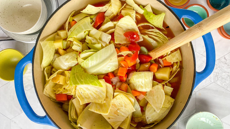 Cabbage and vegetables cooking in pot