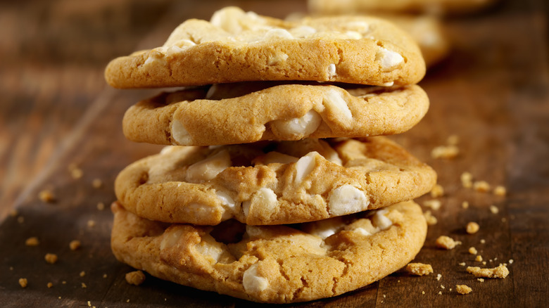 Close-up of white chocolate macadamia nut cookies with miso