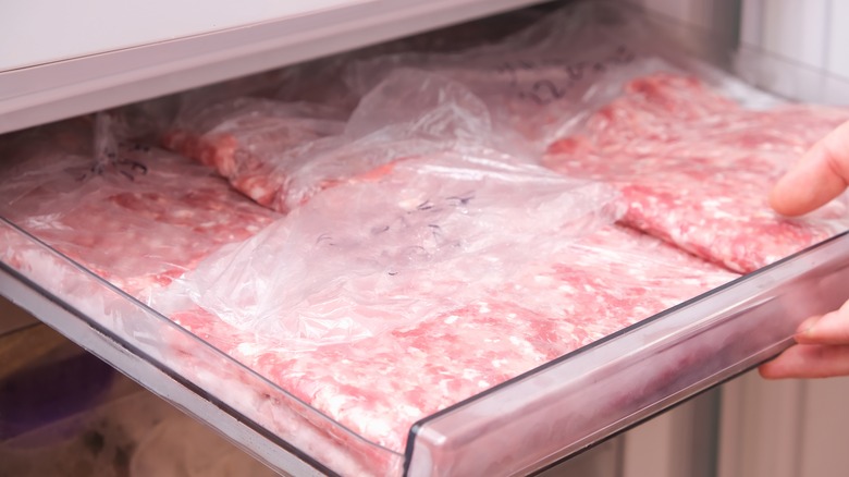 Frozen beef in freezer