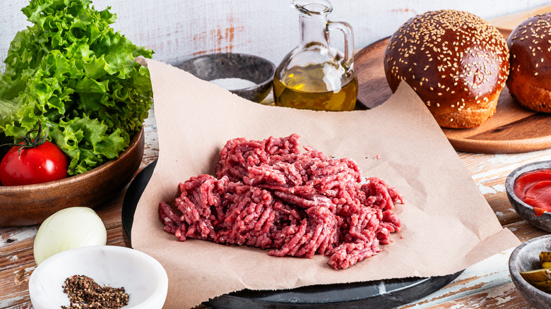 raw organic ground beef on butcher paper