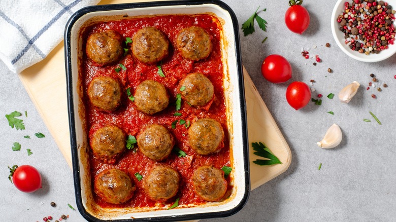 Baking dish of homemade meatballs