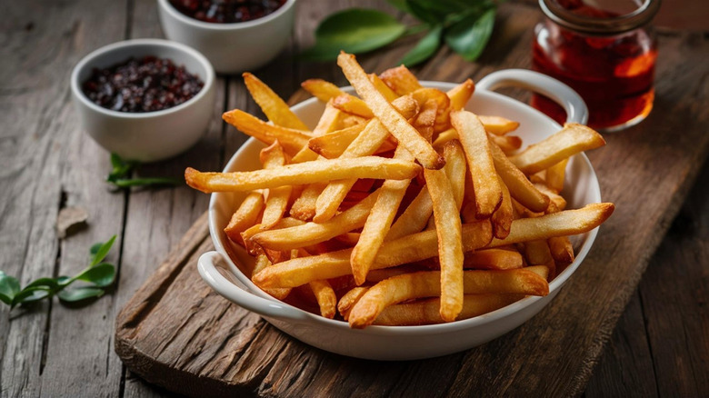 bowl of homemade french fries with ketchup