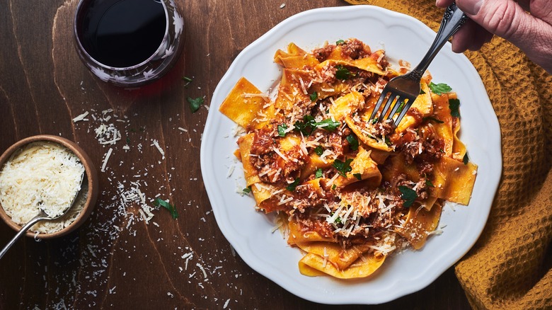 Tagliatelle bolognese on plate