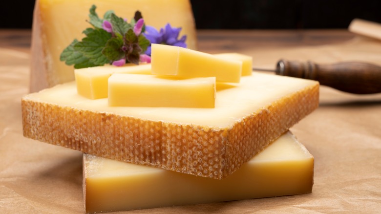 sliced block of Gruyère cheese