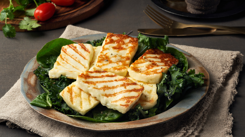 crispy griled halloumi with greens