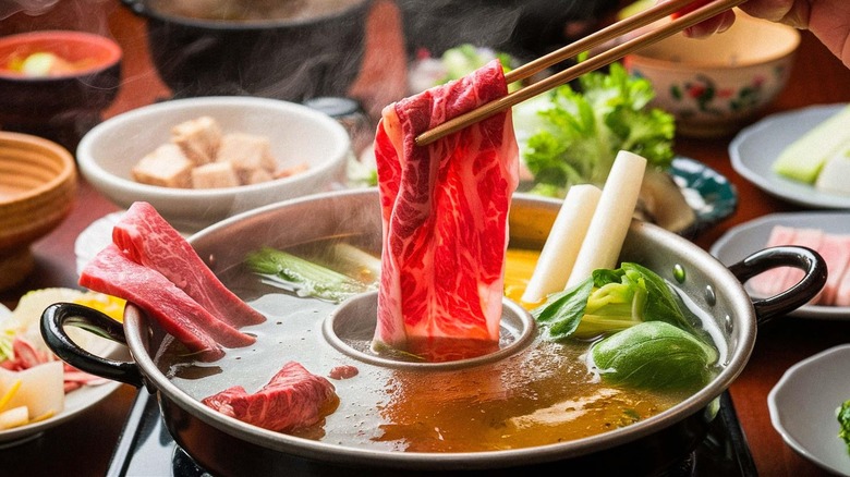 Meat dipped in hot pot