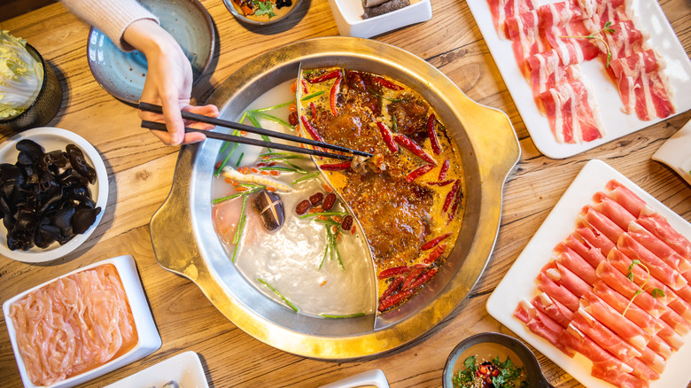 food in hot pot broth