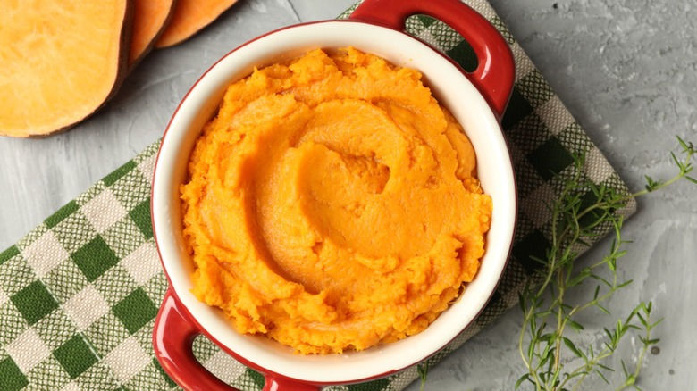 mashed sweet potatoes in pot