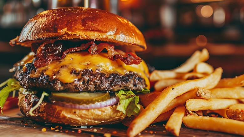 A bacon burger and fries on a plate