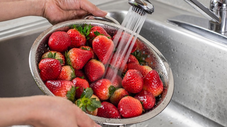 Strawberries being washed