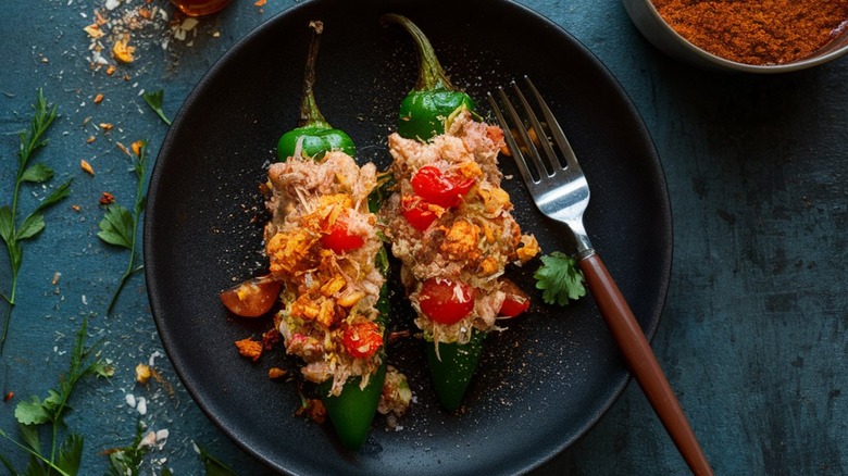 stuffed poblanos with chicken and tomatoes