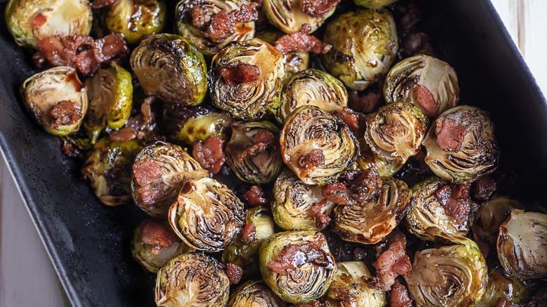 Baking dish of roasted Brussels sprouts