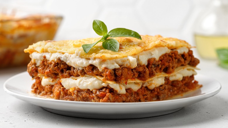 Lasagna topped with basil