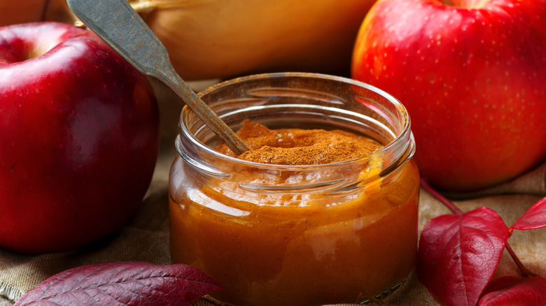 Pumpkin butter surrounded by apples.