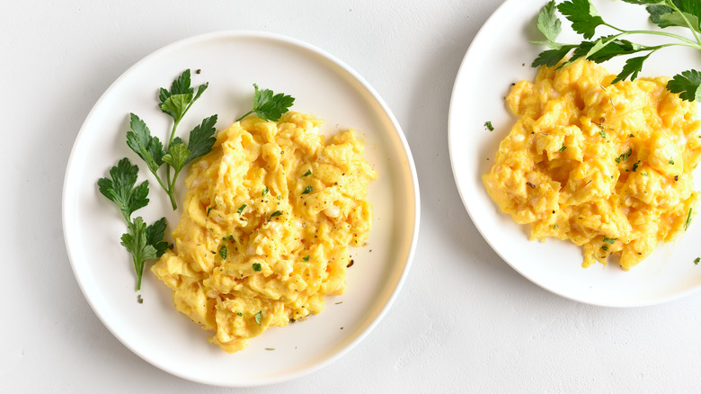 Plates of scrambled eggs with parsley