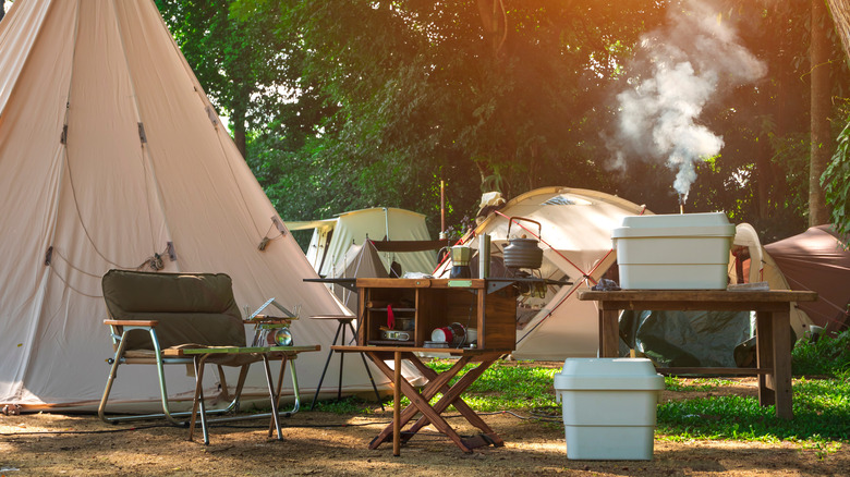 camp site with smoking grill