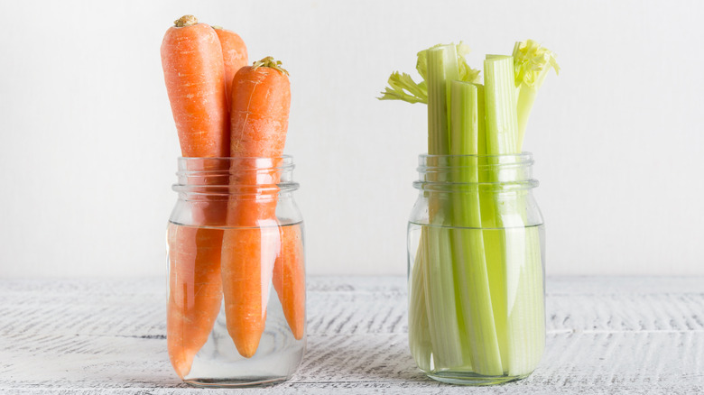 celery and carrots in glass of water