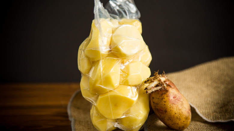 peeled potatoes in a vacuum sealed bag
