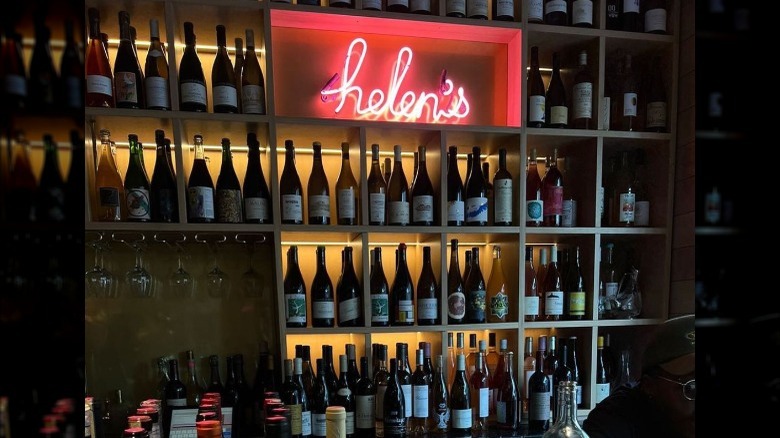 Neon sign at helen's wine bar