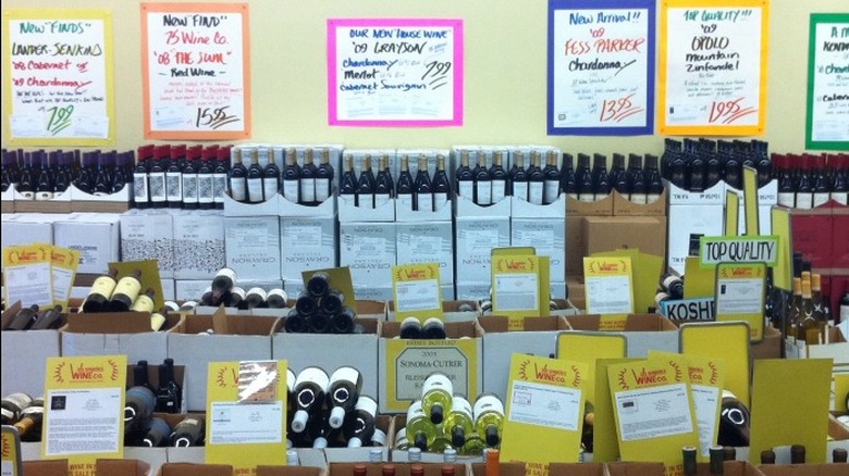 Boxes of wines and store signage