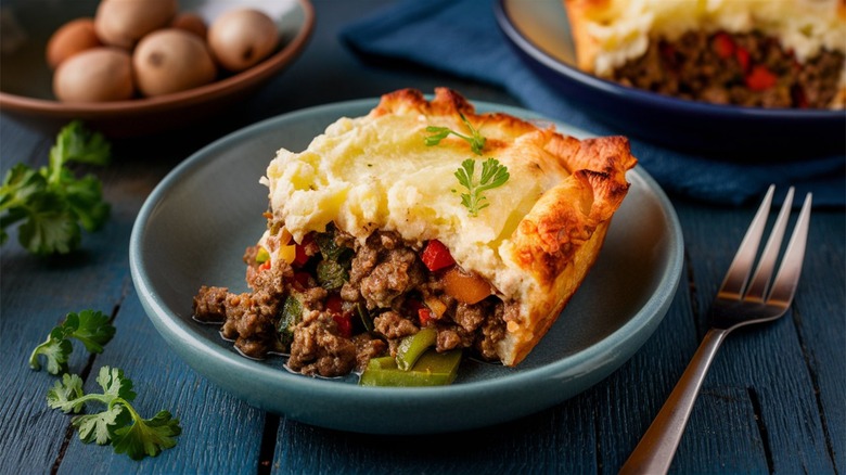 Shepherd's pie on plate with fork