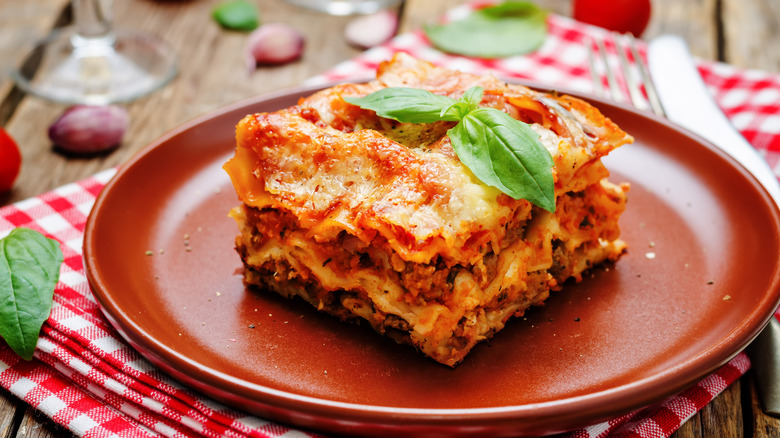 lasagna plate on checkered cloth