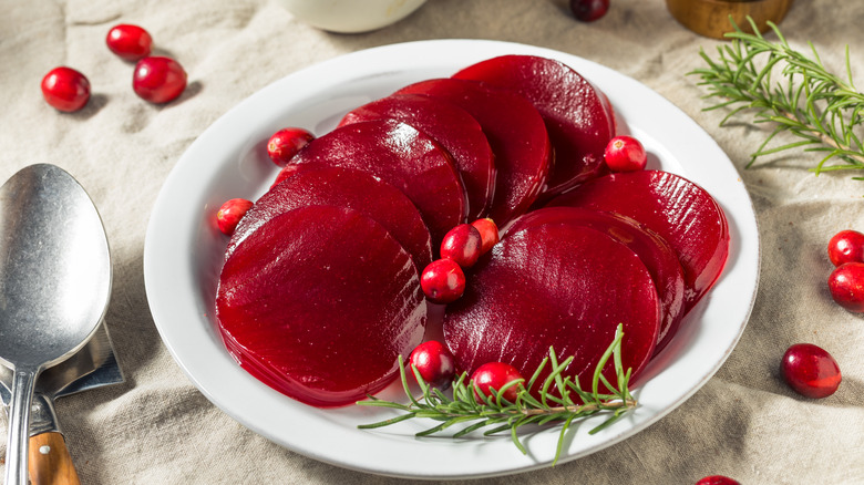 Slices of canned cranberry on a plate