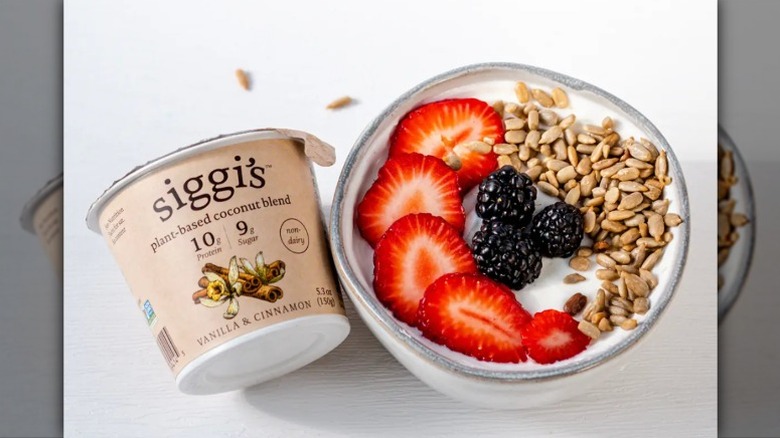 A container of Siggi's plant-based yogurt and granola