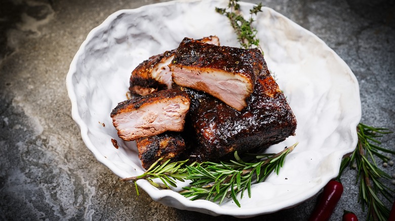 A plate of smoked pork belly.