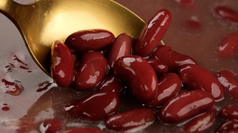 Closeup of cooking red kidney beans being stirred with a spoon