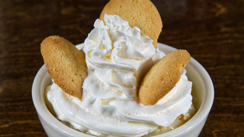 Top of a cup of banana pudding