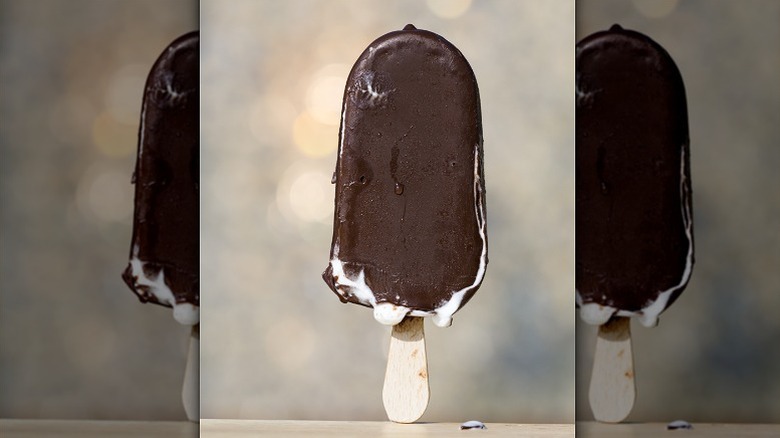 A lone chocolate covered vanilla ice cream bar standing upright