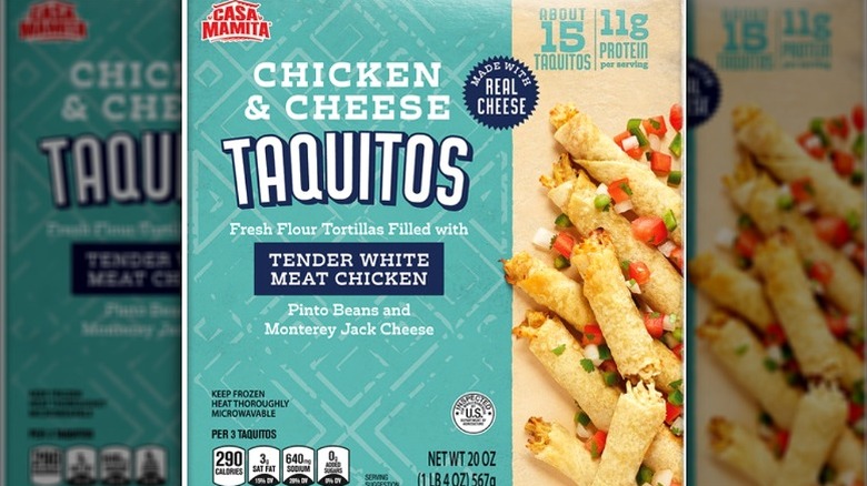 Box of Casa Mamita chicken and cheese taquitos