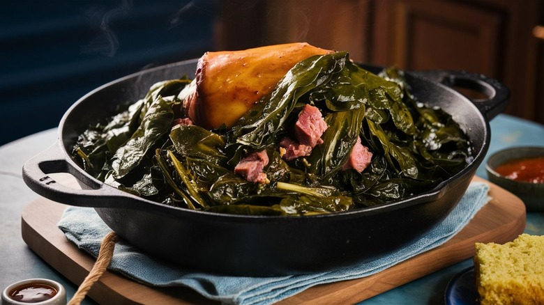 skillet of cooked collard greens