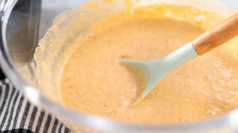 pumpkin batter in mixing bowl