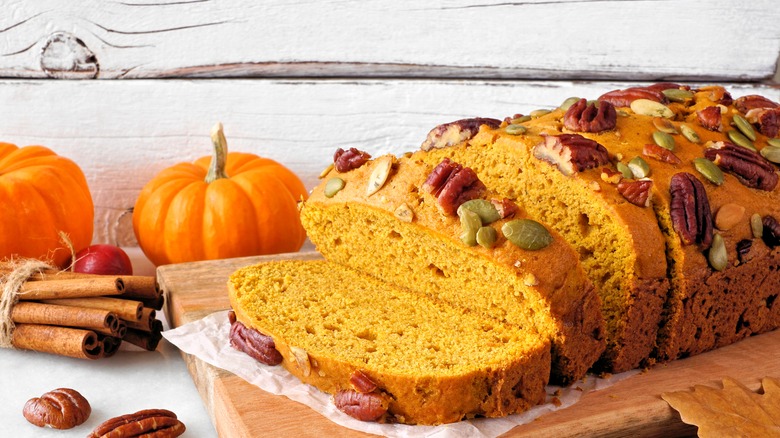 pumpkin bread slices on board